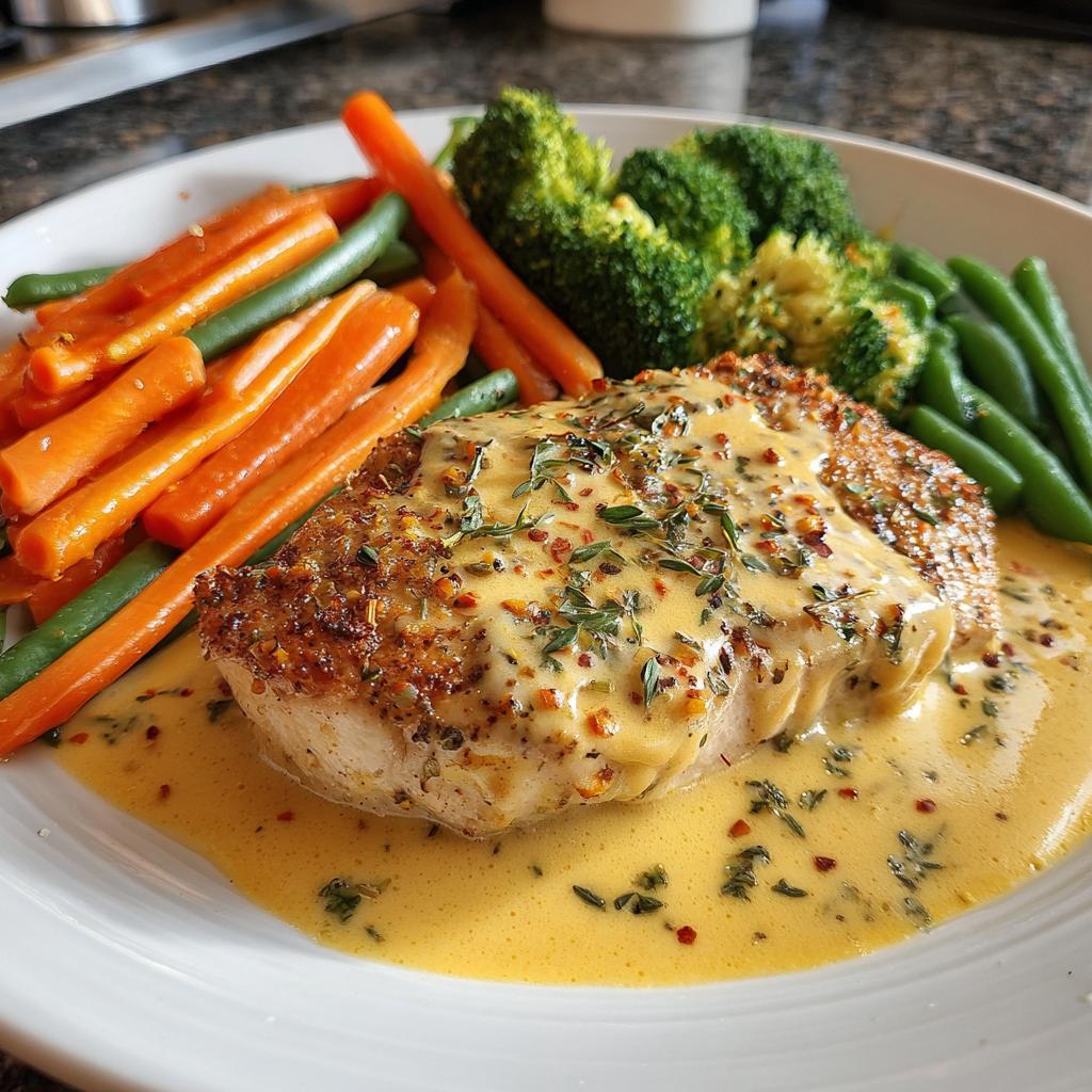 Chicken in a creamy mustard sauce with steamed vegetables