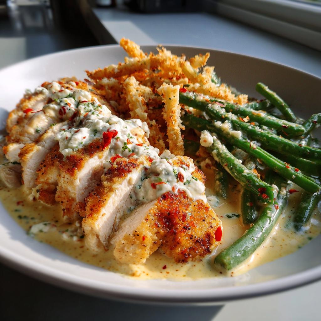 Coconut-Lemon Chicken Alfredo with Chili Feta Cream & Crispy Parmesan Green Beans