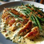 Coconut Lemon Chicken Alfredo with Chili-Feta Cream and Crispy Parmesan Green Beans