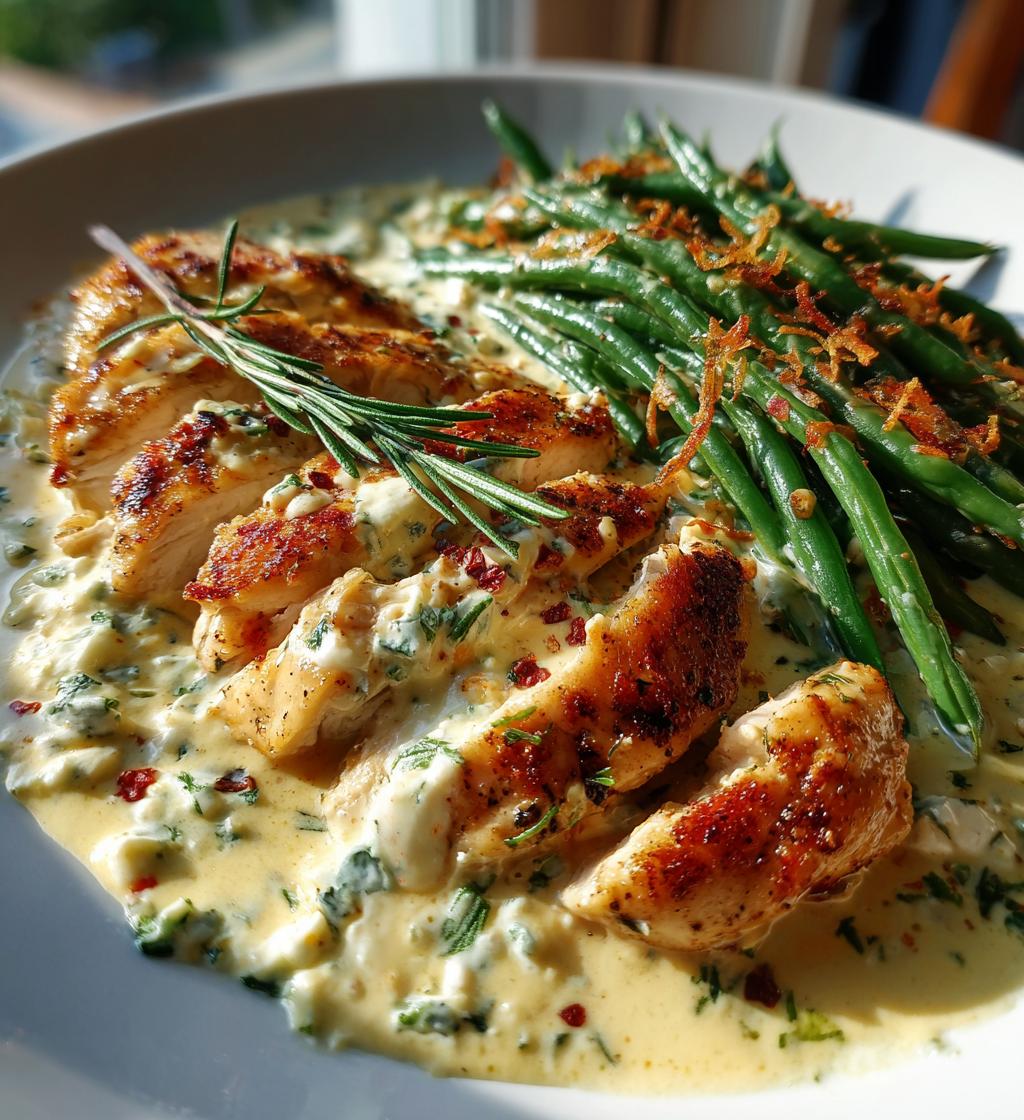 Coconut Lemon Chicken Alfredo with Chili-Feta Cream and Crispy Parmesan Green Beans