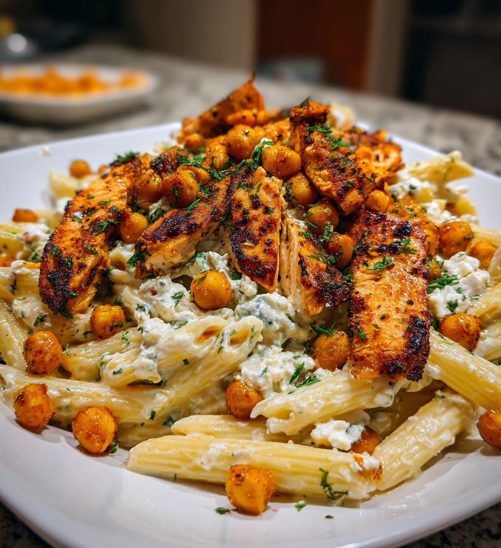 Creamy Cajun Chicken Pasta with Whipped Roasted Garlic Feta & Crispy Chickpeas