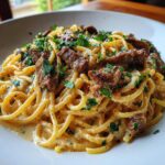 Creamy Cajun Garlic Butter Spaghetti with Beef Strips