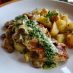 Creamy Garlic Mushroom Alfredo Chicken & Potatoes with Basil Pesto
