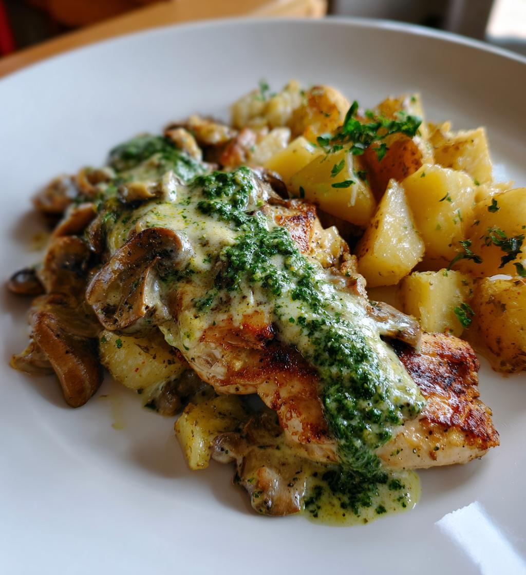 Creamy Garlic Mushroom Alfredo Chicken & Potatoes with Basil Pesto