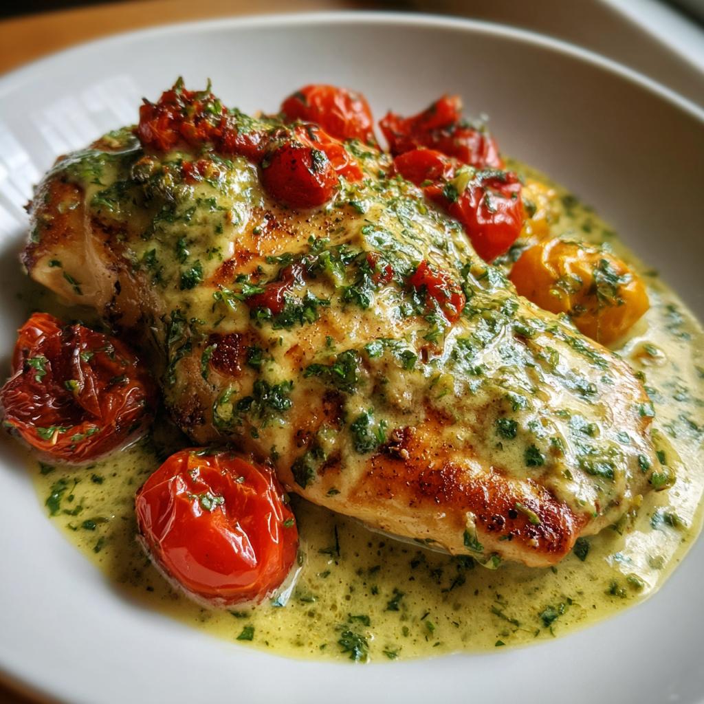 Creamy Pesto Chicken with Roasted Tomatoes Recipe (Easy & Flavorful)