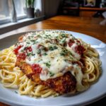 Crispy Chicken Parmesan with Alfredo Spaghetti