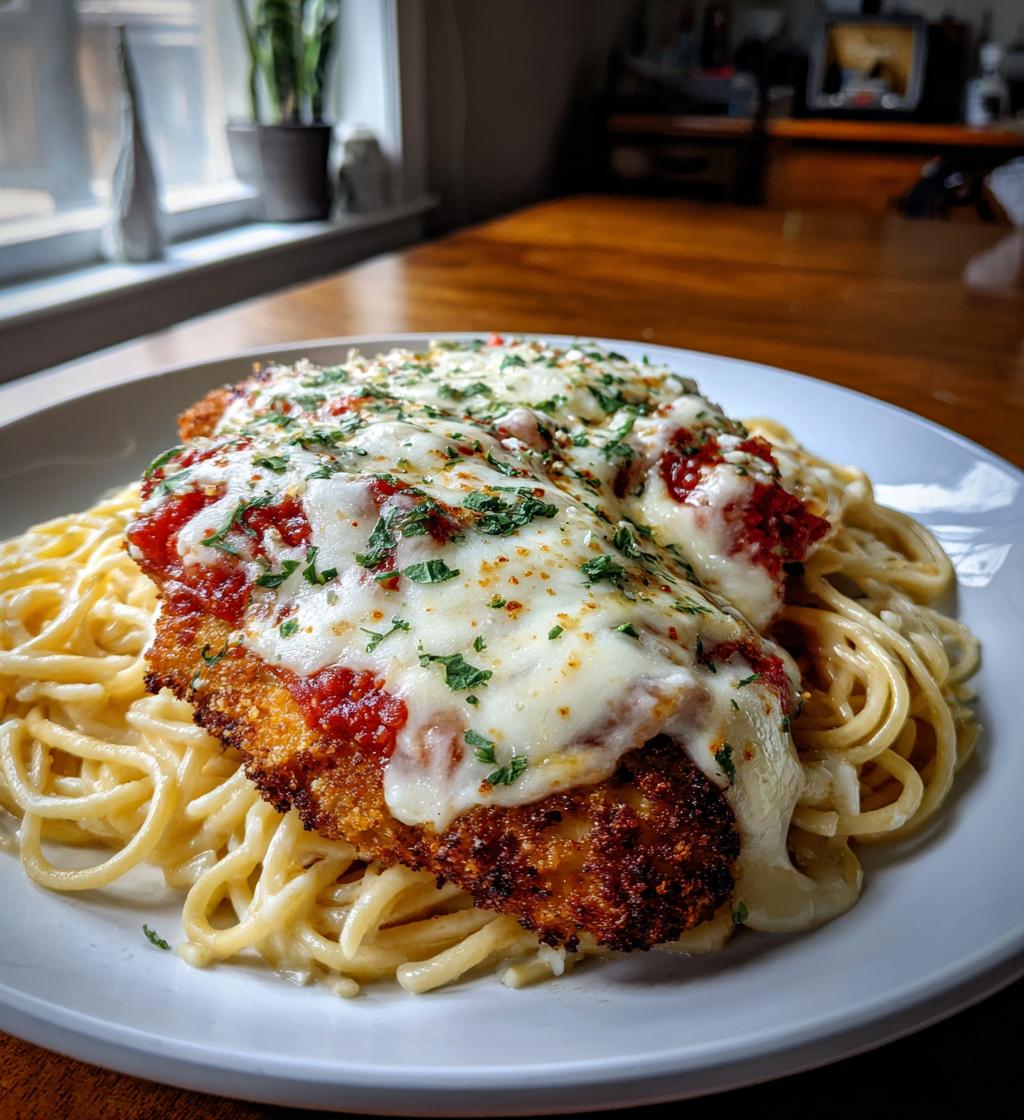 Crispy Chicken Parmesan with Alfredo Spaghetti