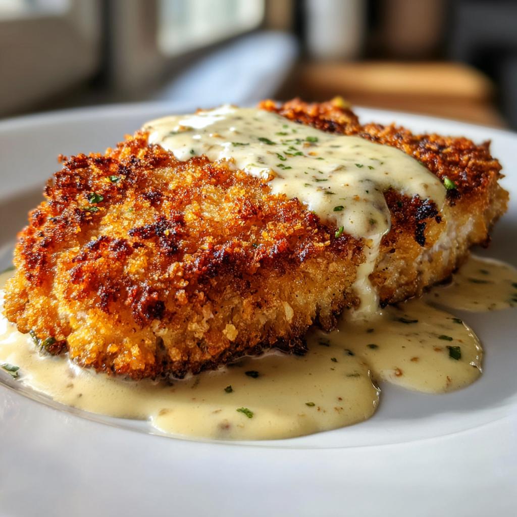 Crispy Parmesan Chicken with Garlic Cream Sauce