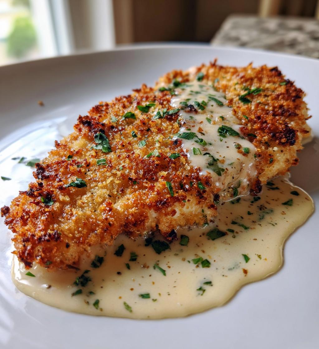 Crispy Parmesan Crusted Chicken with Garlic Cream Sauce