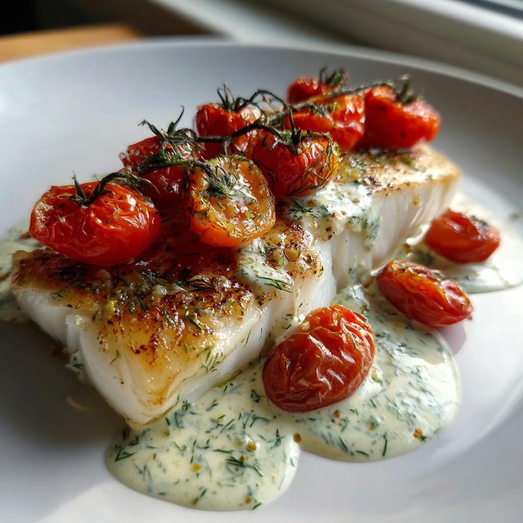 Easy Grilled Cod Recipe with Roasted Tomatoes & Creamy Dill Sauce