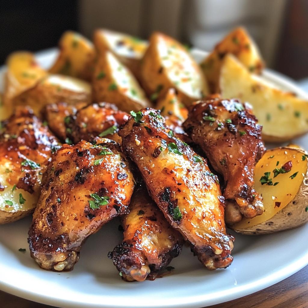 Garlic Butter Chicken Wings with Potato Wedges
