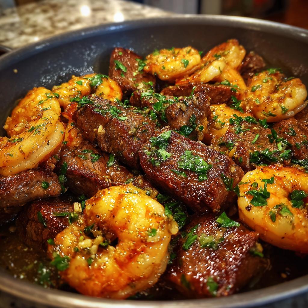 Garlic Butter Shrimp & Steak Skillet