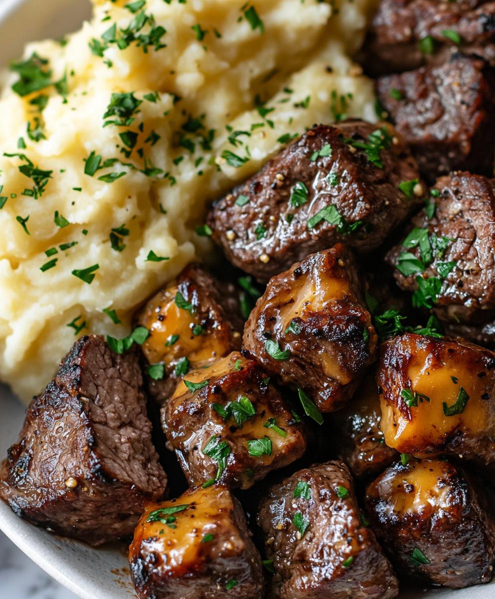 Garlic Butter Steak Bites with Cheesy Mashed Potatoes
