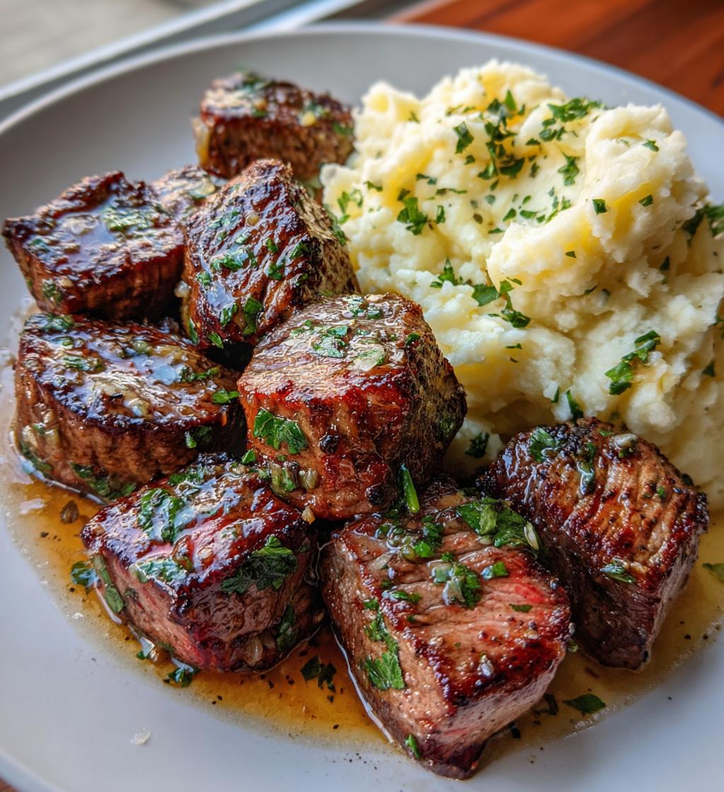 Garlic Butter Steak Bites with Mashed Potatoes