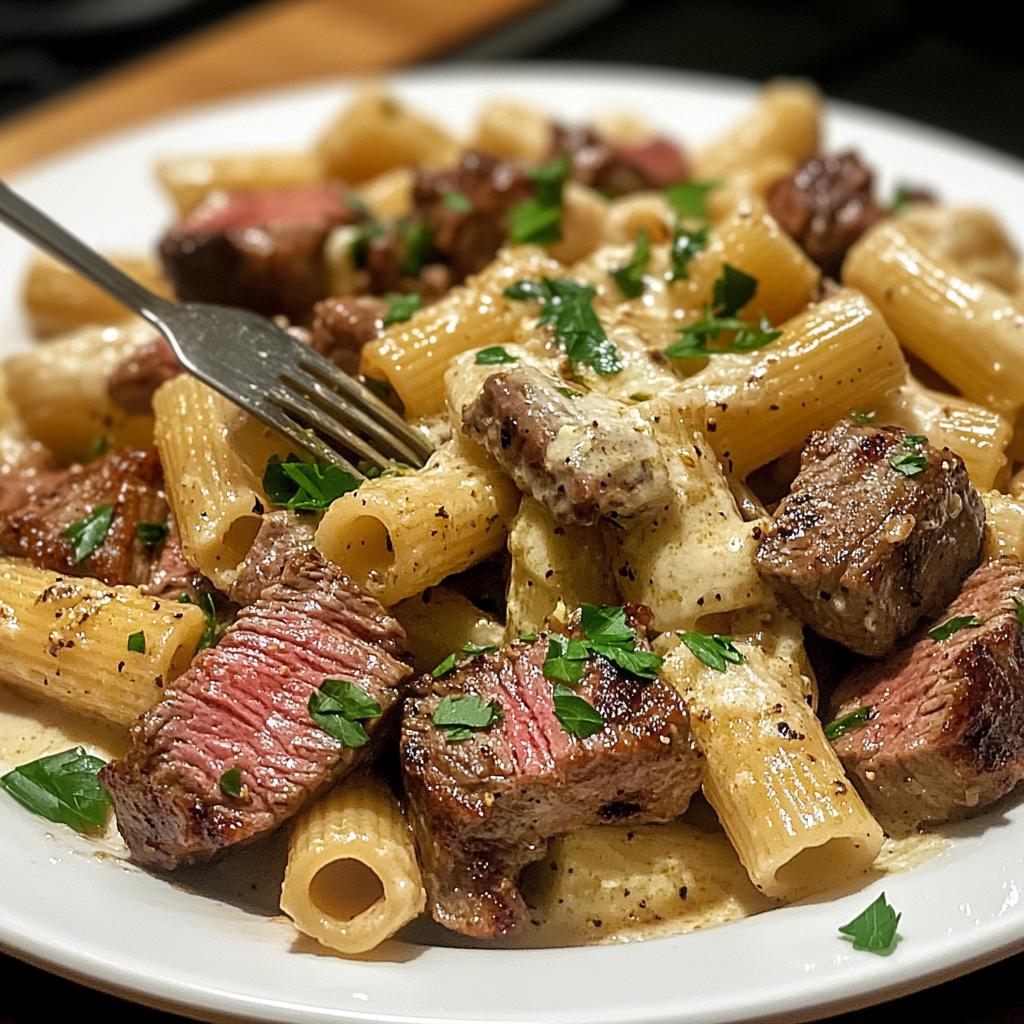Garlic Butter Steak Tips with Cheesy Rigatoni