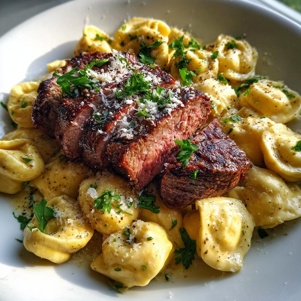 Garlic Butter Steak with Cheesy Alfredo Tortellini