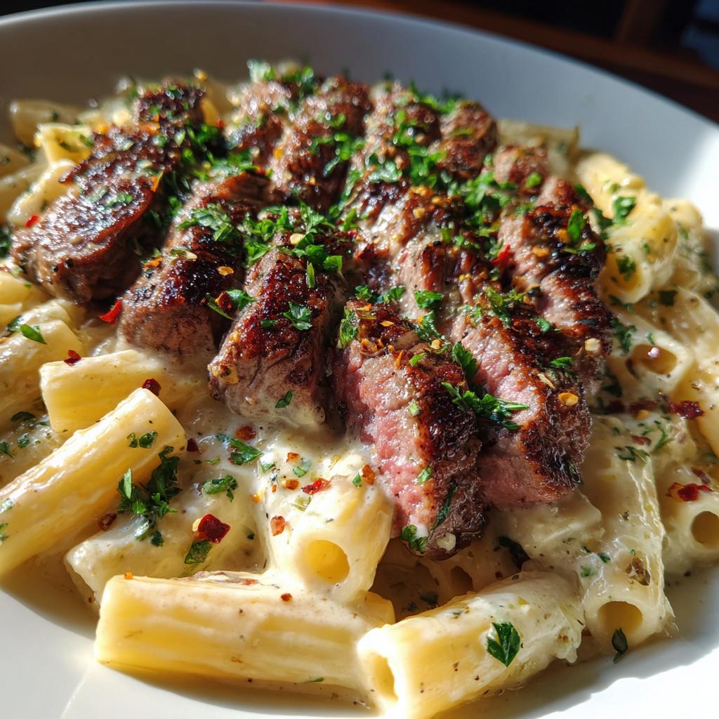 Garlic Butter Steak with Rigatoni in Four-Cheese Sauce - detail 1