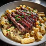 Garlic Butter Steak with Rigatoni in Four-Cheese Sauce