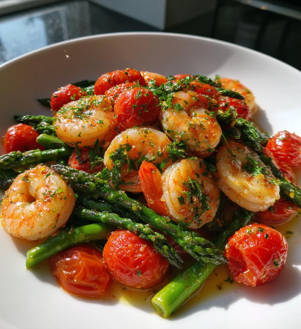 Garlic Prawns with Fresh Tomatoes and Green Asparagus - detail 1