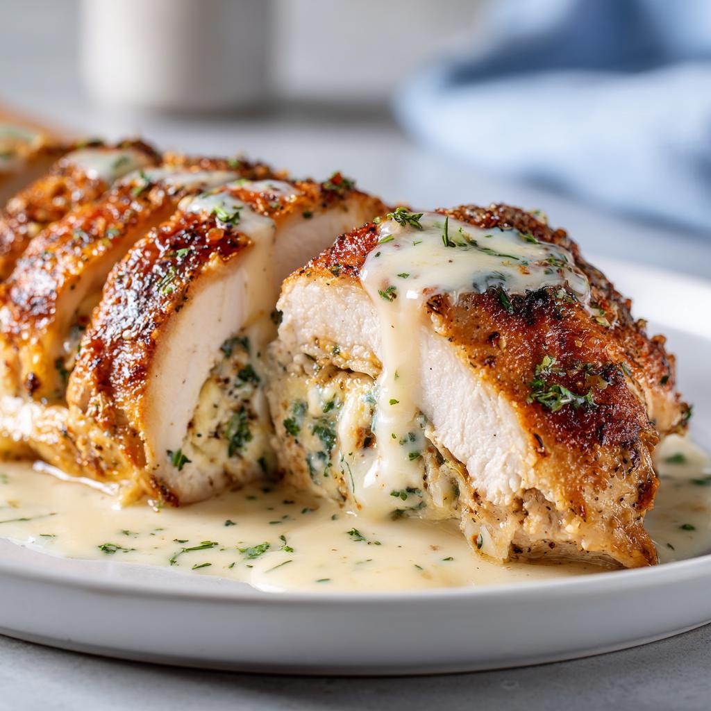 Golden Stuffed Chicken Breasts in Luxurious Garlic Parmesan Sauce