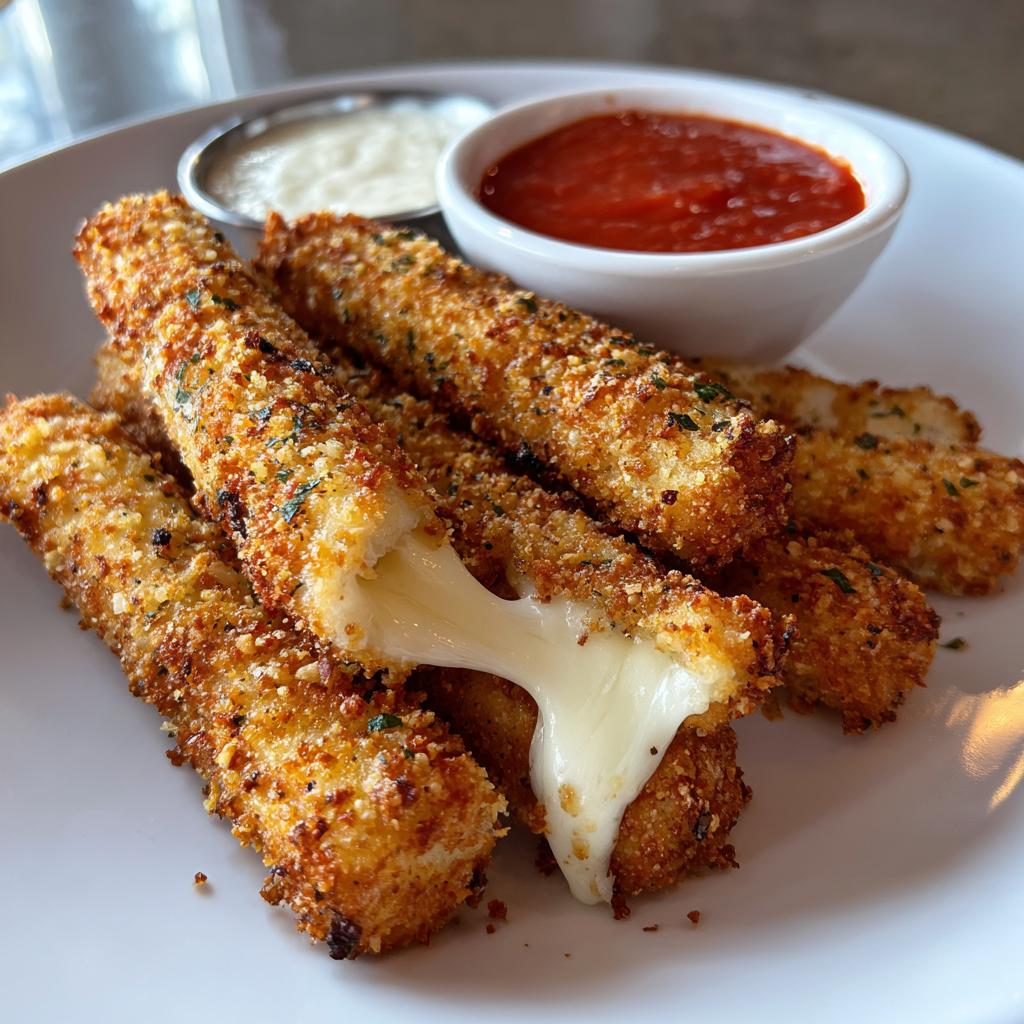 Golden, crispy mozzarella sticks served with rich marinara sauce and a creamy dip - detail 1