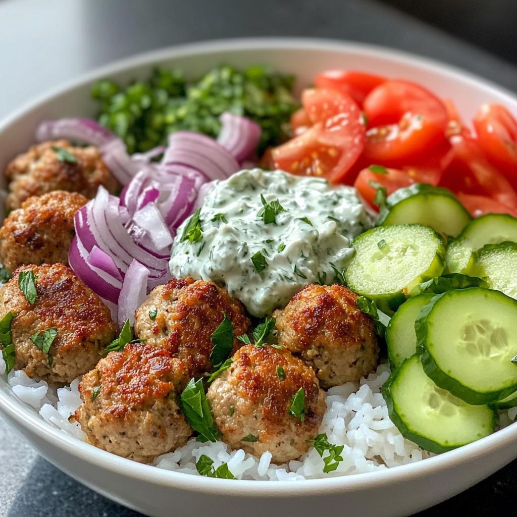 Greek Meatball Bowl with Tzatziki, Rice & Fresh Veggies