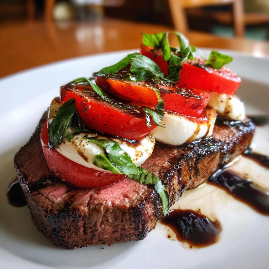 Grilled Balsamic Steak Caprese with Mozzarella, Tomatoes, and Basil