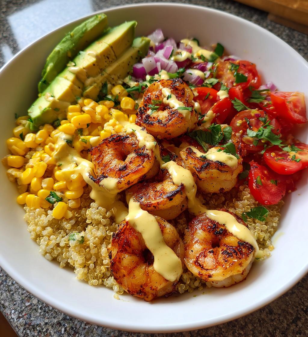 Grilled Shrimp Bowl with Avocado, Corn Salsa & Creamy Garlic Sauce - detail 1