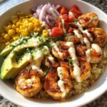 Grilled Shrimp Bowl with Avocado, Corn Salsa & Creamy Garlic Sauce
