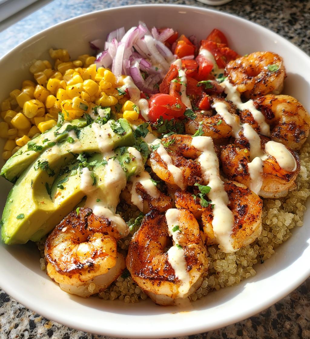 Grilled Shrimp Bowl with Avocado, Corn Salsa & Creamy Garlic Sauce