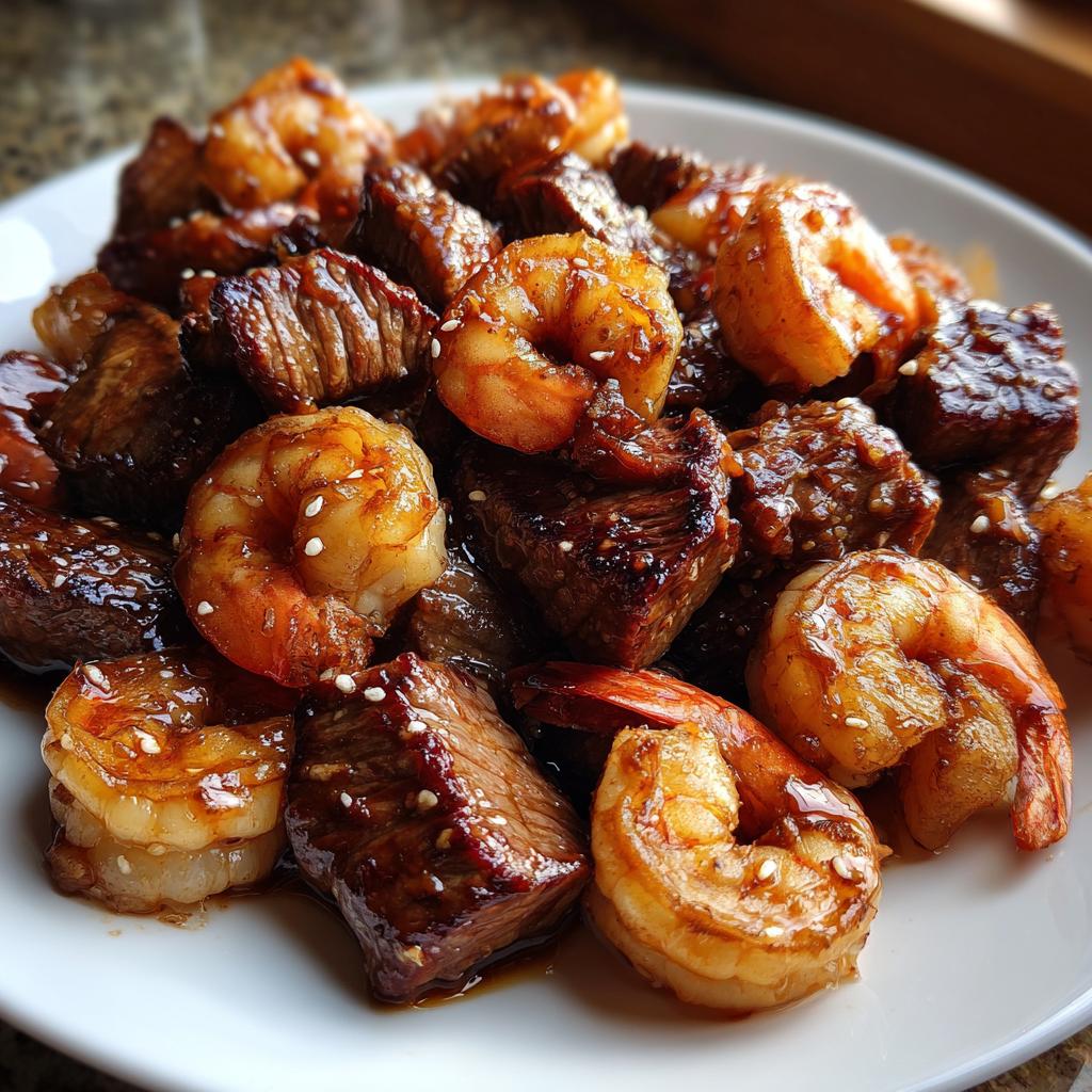 Incredible savory steak bites and shrimp in butter soy sauce glaze - detail 1