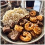 Incredible savory steak bites and shrimp in butter soy sauce glaze