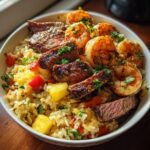 Jerk Steak and Shrimp over Tropical Pilaf Rice