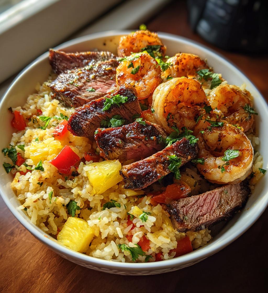 Jerk Steak and Shrimp over Tropical Pilaf Rice