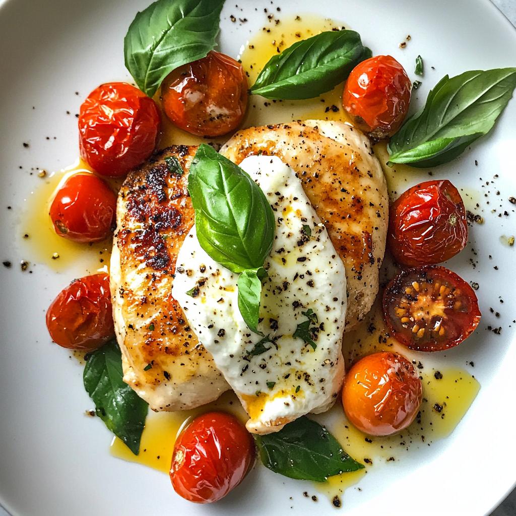 Juicy chicken fillets with oven-baked tomatoes and creamy burrata