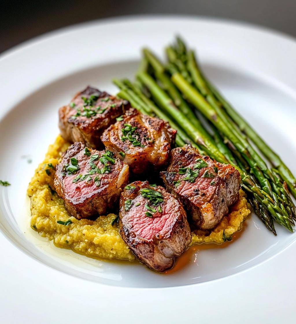 Lamb chops over lobster puree with asparagus