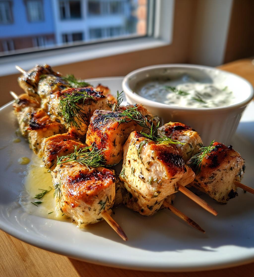 Lemon Herb Grilled Chicken Skewers with Yogurt Dip