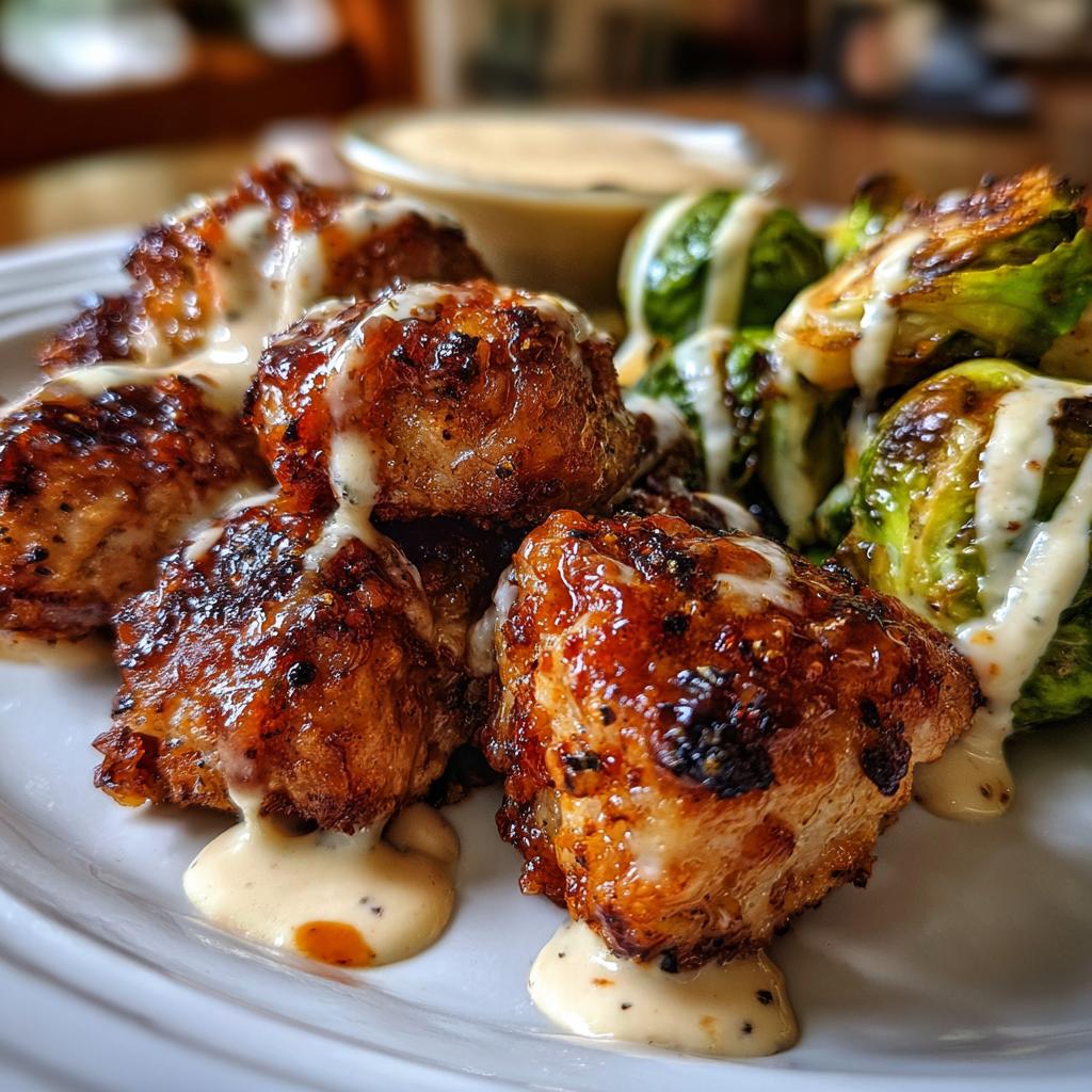 Maple Garlic Chicken Bites with Spicy Cajun Alfredo & Crispy Brussels Twists - detail 1