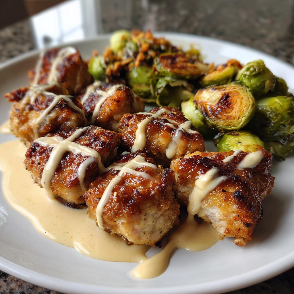 Maple Garlic Chicken Bites with Spicy Cajun Alfredo & Crispy Brussels Twists