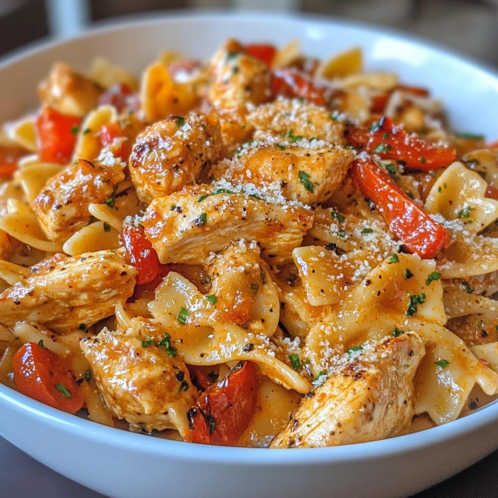 Parmesan Roasted Red Pepper Chicken Bowties in Garlic Cream