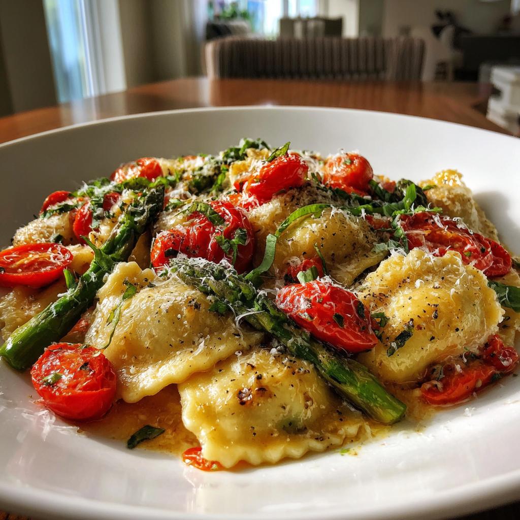 Ravioli with Tomatoes, Asparagus, Garlic, and Herbs