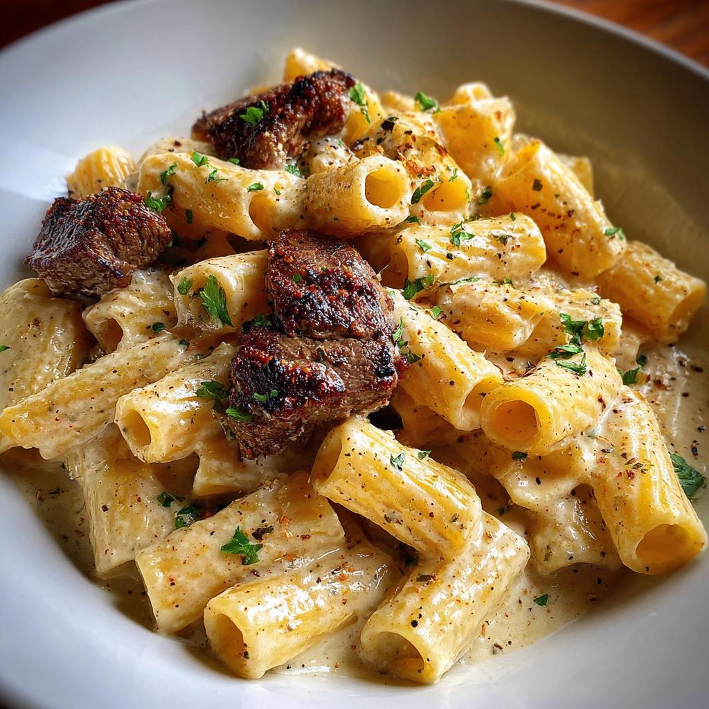 Rigatoni in Garlic Butter Parmesan Cream Sauce with Cajun Steak Tips - detail 1