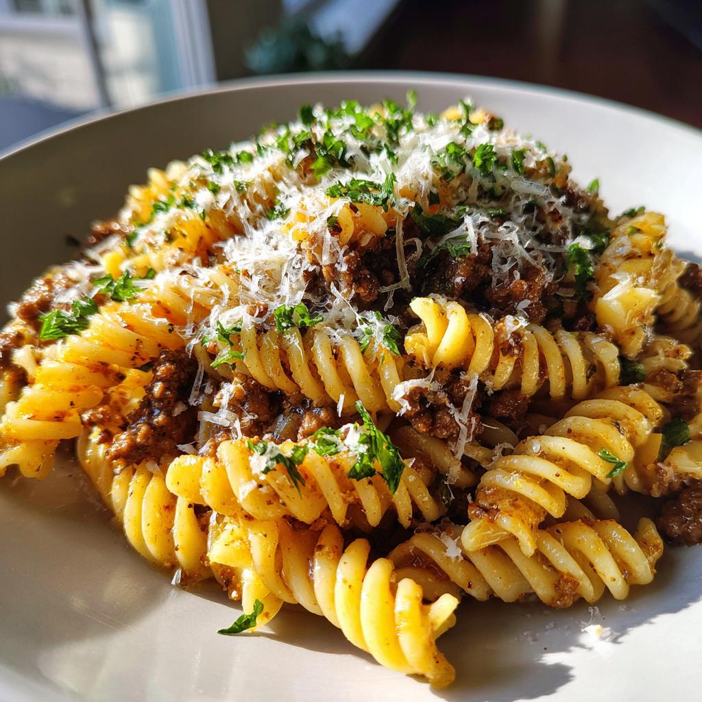 Rotini Pasta with Garlic Butter Sauce and Ground Beef - detail 1