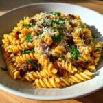 Rotini Pasta with Garlic Butter Sauce and Ground Beef