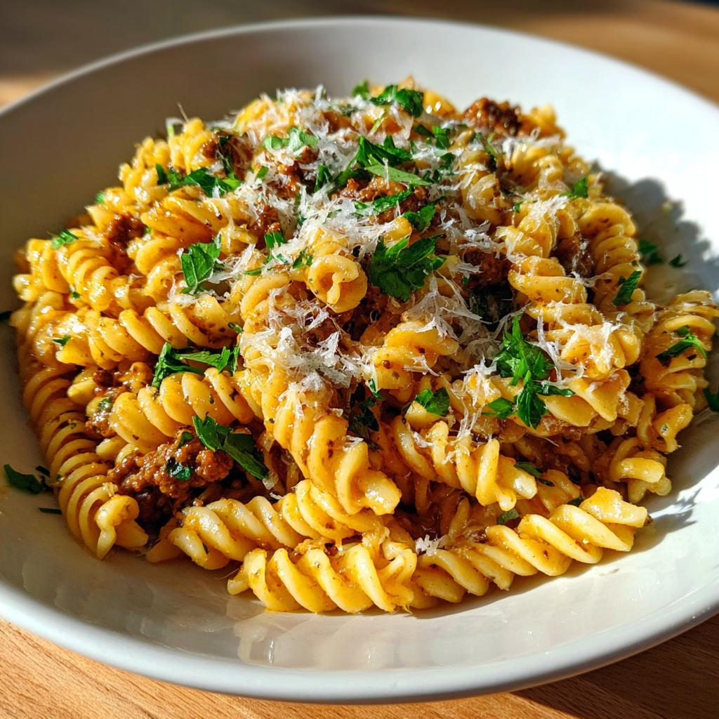 Rotini Pasta with Garlic Butter Sauce and Ground Beef