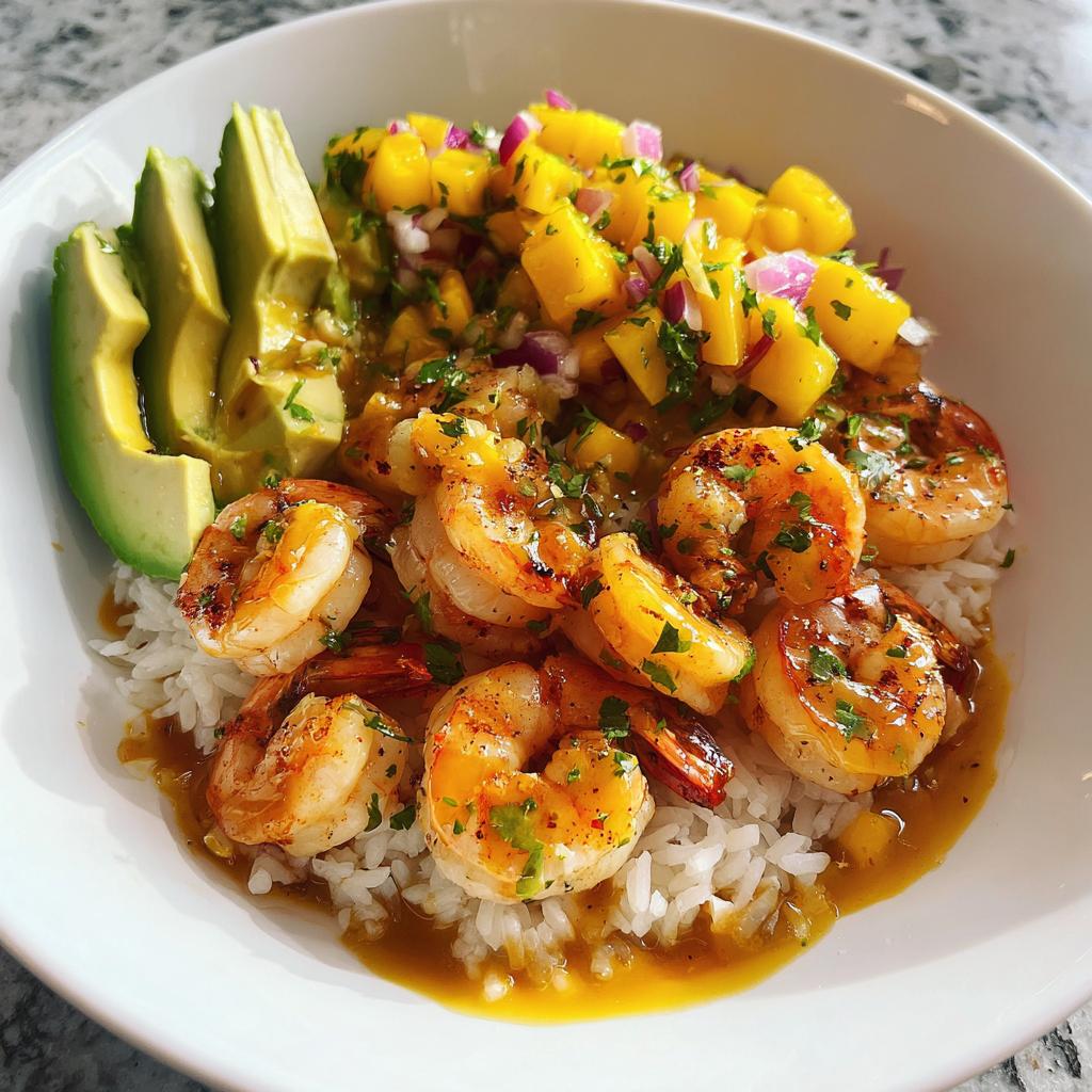 Shrimp and Avocado Bowls with Mango Salsa & Lime-Chili Sauce