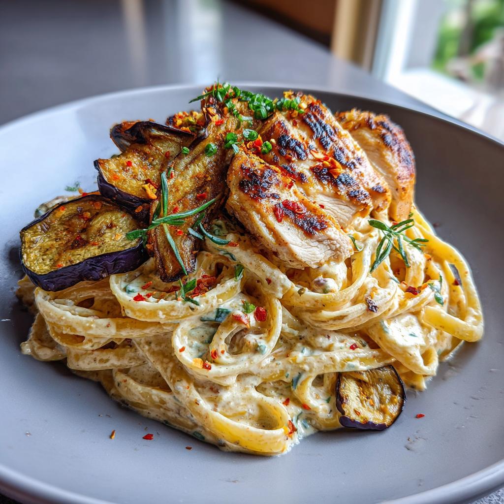 Spicy Whipped Feta Chicken Alfredo with Crispy Eggplant Wedges & Chili Oil Drizzle - detail 1