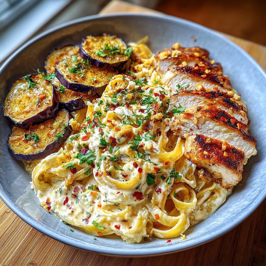 Spicy Whipped Feta Chicken Alfredo with Crispy Eggplant Wedges & Chili Oil Drizzle
