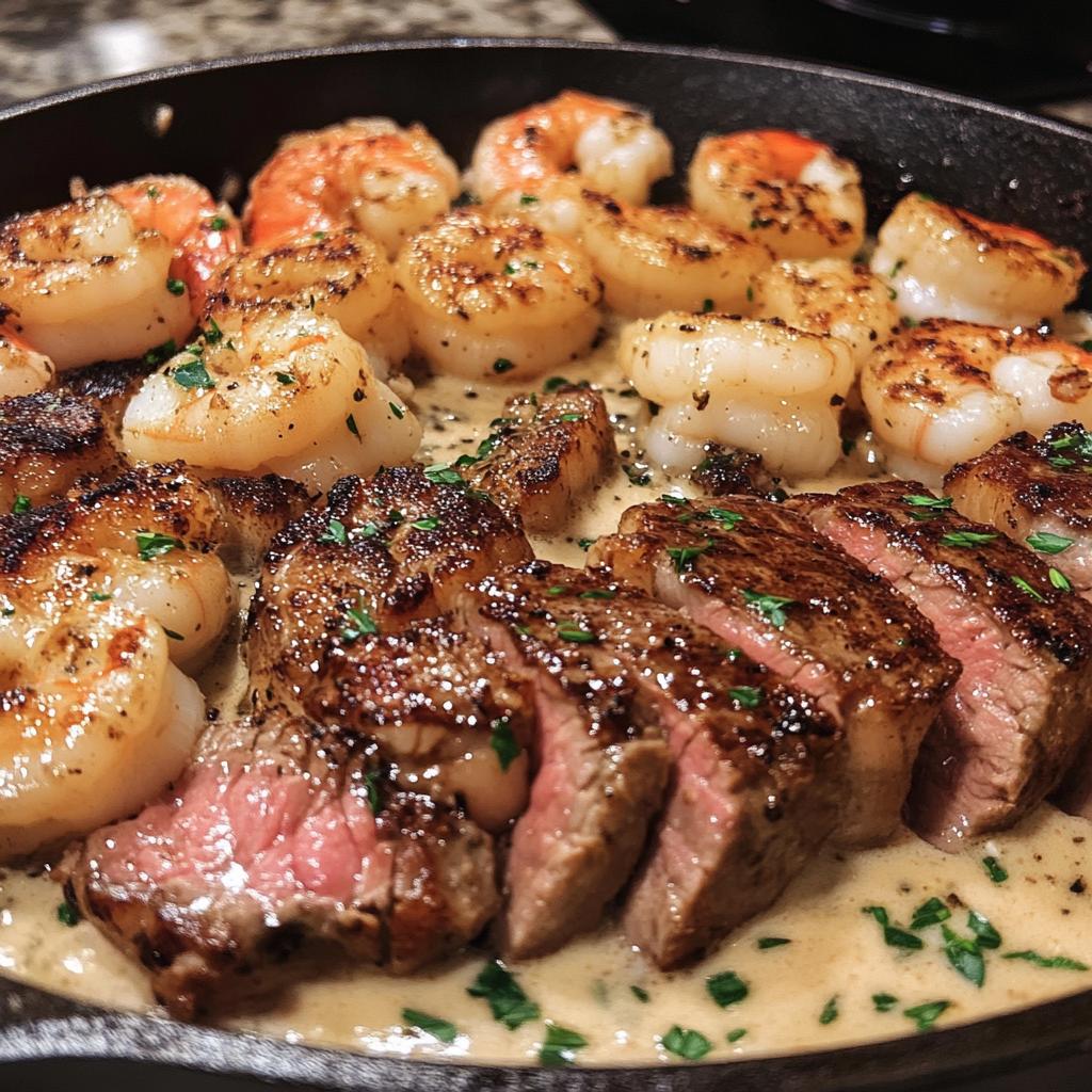Steak and Seafood Skillet with Garlic Parmesan Cream Sauce