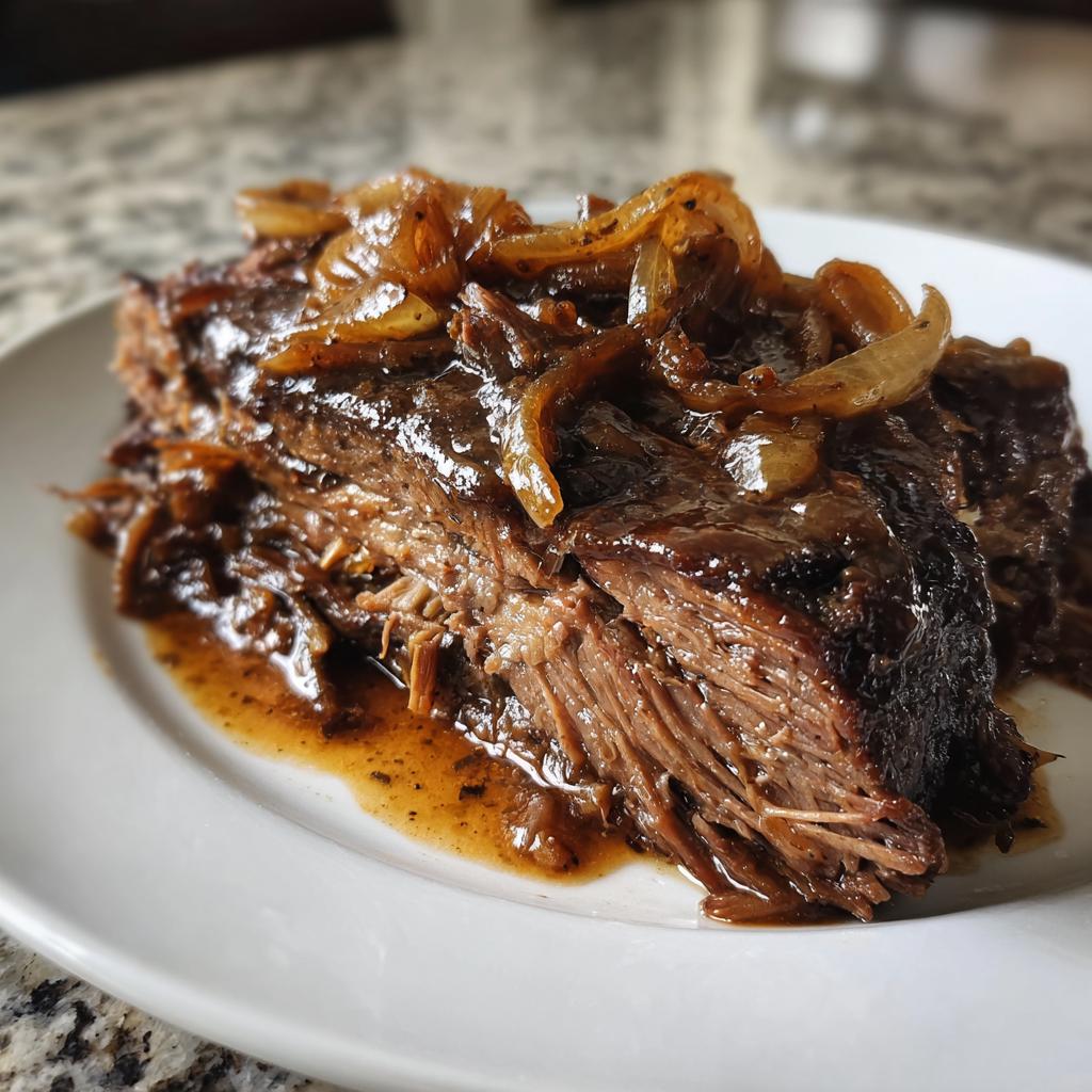 Tender beef brisket in aromatic balsamic onion sauce - detail 1